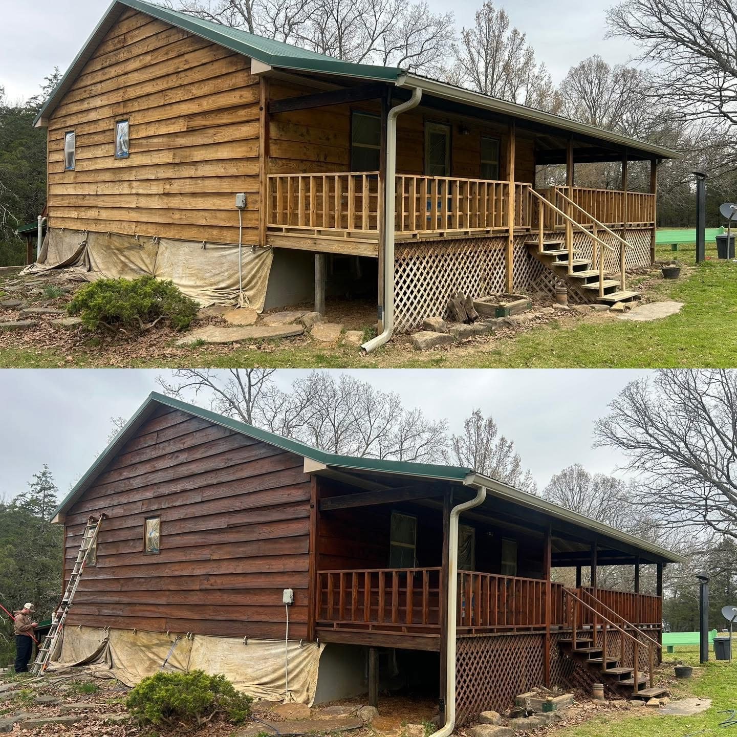 Log home exterior with freshly sealed timber