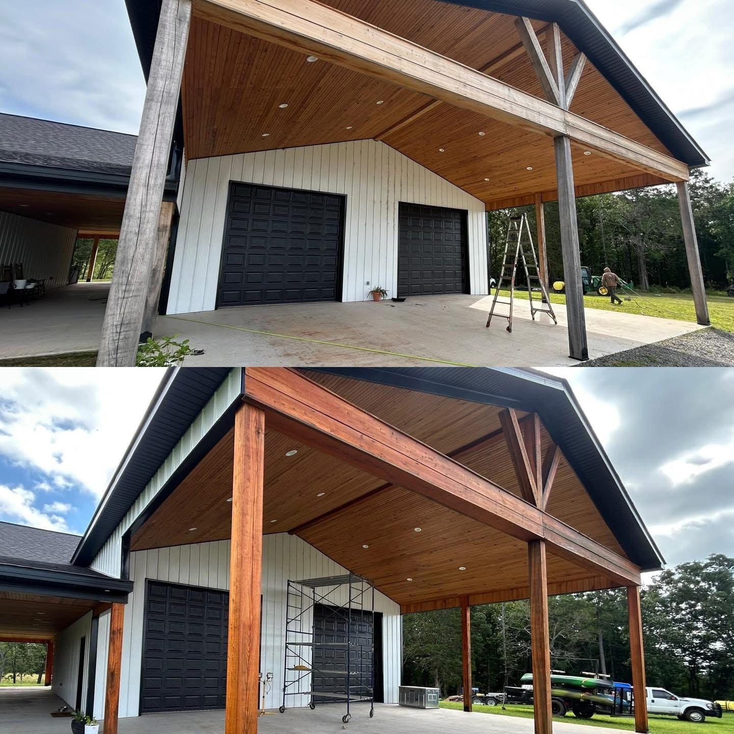 Pergola and exposed beams with fresh stain